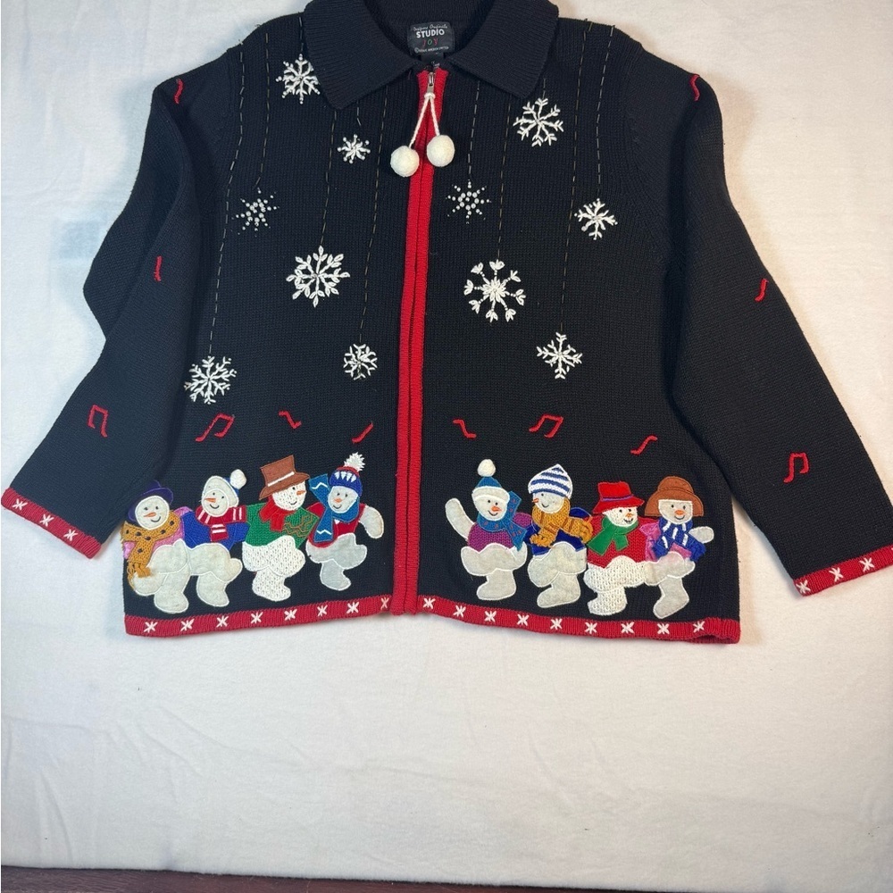 Studio Joy Black Zip-up Cardigan with Snowmen Size 1X - Picture 11 of 11
